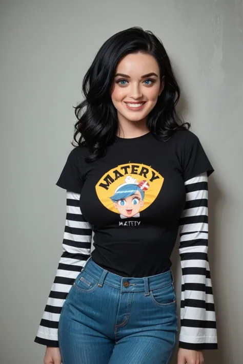 1 girl, solo, black short sleeve t-shirt, layered sleeves, white long sleeves, jeans, Katy Perry, black hair, blue eyes, black t-shirt over white long sleeves, large breasts, confident smile, striped sleeves, black short sleeve over long sleeve