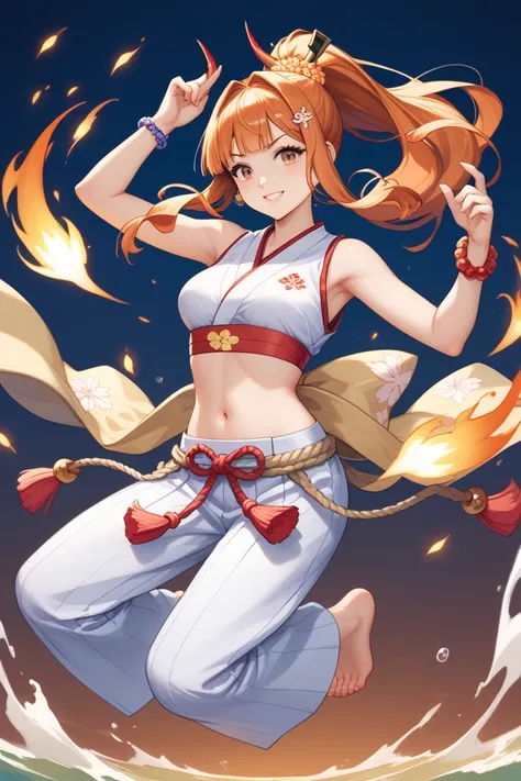 For a Yamato-inspired outfit for Orihime Inoue, while keeping her navel and feet visible, here’s the design:

Top

A sleeveless, cropped yukata-style top, in white with red and blue flame-like patterns, inspired by Yamato’s traditional attire but shortened...