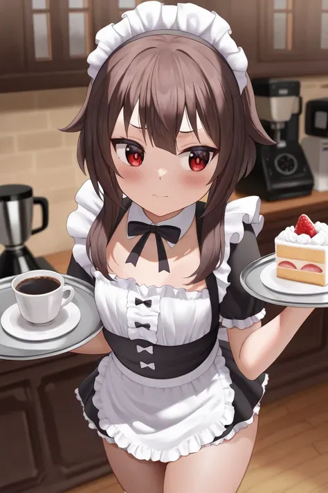 megumin,  red eyes, light brown hair, dressed as a maid,fly away,Japanese, curvy body, master piece, holding a tray with cakes,4K,  High Definition, coffee maker