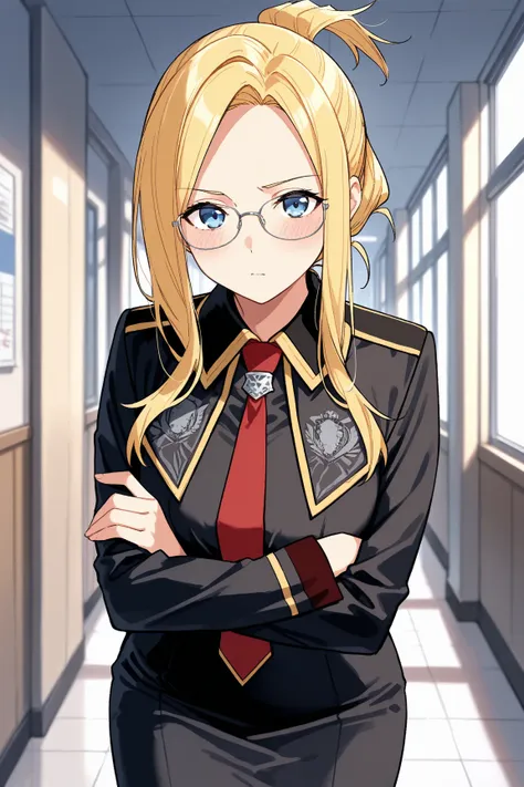 masterpiece, best quality, 1girl, solo, ffqsts, blonde hair, folded ponytail, blue eyes, glasses, collared jacket, black uniform, red necktie, black skirt, pencil skirt, hallway, looking at viewer, crossed arms, blush