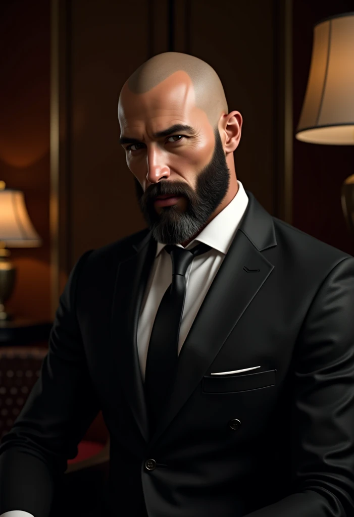 Beautiful man in I wore a , Beautiful beard , bald head,  Sexy executive male , I wore a, fondo de office, office, elegant,  detailed face, office elegant,