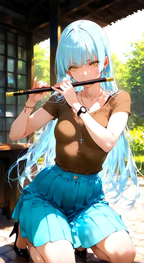 NSFW, masterpiece, best quality, amazing quality, very aesthetic, realistic detailed anime, home, backyard, 1girl, \(alone, long hair, light blue hair, straight bangs, yellow eyes, small breasts, thin, (tall), brown shirt, heels, earrings, necklace, bracel...