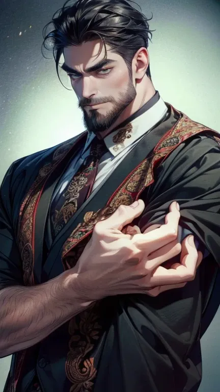 (       ,4K,8k,       highres,       masterpiece :1.2),       ultra-detailed    ,(realistic,photorealistic,photo-realistic:1.37),36-year-old man,3 day beard,Beautiful anime,Portraits,strong,Masculine,        with black hair  ,sharp jaw,             mesmeri...