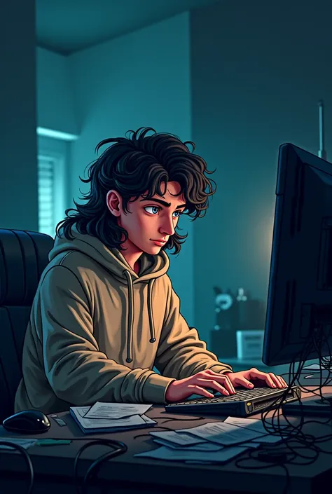 male programmer ,  cartoon ,dark theme with long curly hair, with a cold sweater, Messing with the computer 