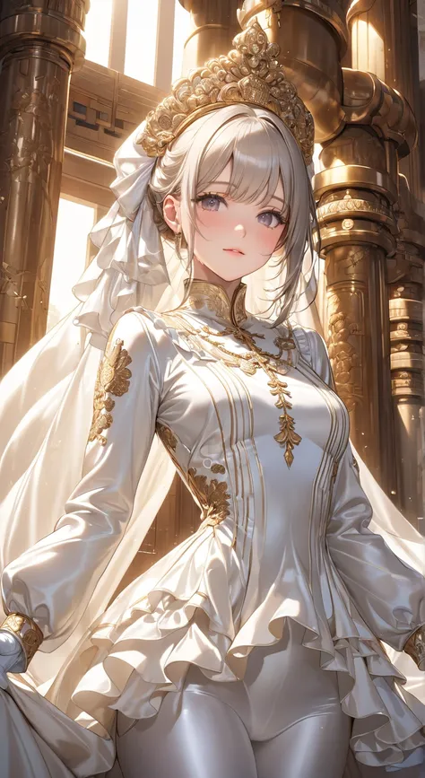  portrait 、god々Shining light、( masterpiece, highest quality,  ultra high resolution ),Extremely detailed CG, Japanese Women,(( beautiful face)),(( long sleeve long sleeve dress made of shiny white silk satin in a luxurious temple))、((The dress is designed ...