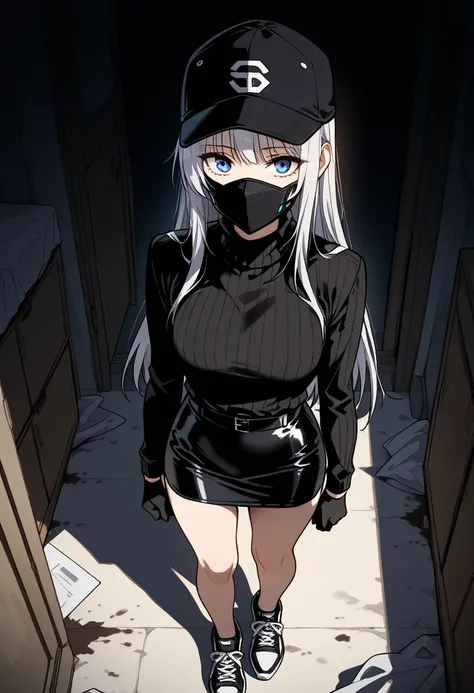 solo, alone, blue eyes, black leather pencil skirt, straight hair, silver hair, black gloves, dirty house room, black turtleneck sweater, long sleeves, bare legs , night background, standing , scornful face, black mask, view from above, black sneakers , bl...