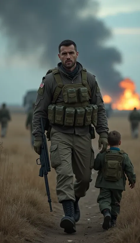 A father of a young boy, dressed in military gear, walking toward the battlefield with a determined yet somber expression. The father’s posture is strong, but his face reflects a mix of resolve and sadness as he walks away from his home. The atmosphere aro...