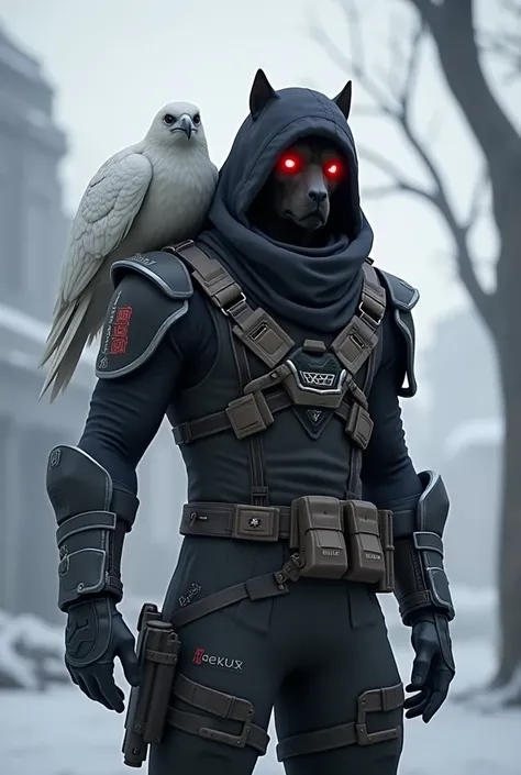 The bloodhound character in Apex Legends has a white raven on his shoulder. The bloodhound's eyes shine slightly with a red light. The environment is generally white and black.apexlegends oyunundaki bloodhound karakteri 