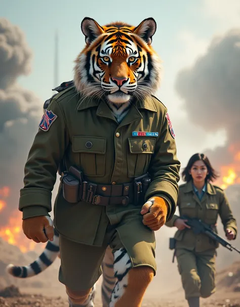  creates a very detailed image of a giant Siberian tigress dressed in a female soldier's uniform, in front of her runs a South Korean female soldier  (Ultra 8k running ,Behind her comes a destruction )