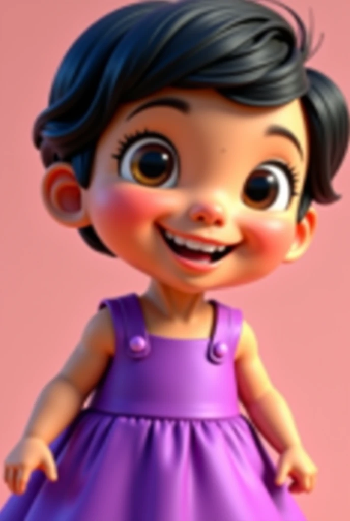  baby, purple round dress .  Short wavy black hair .  Smiling showing 4 teeth on top and 4 teeth on the bottom