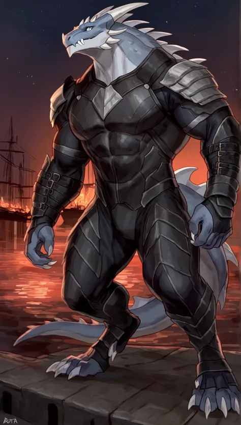 Muscular dragon, solo, anthro dragon, detailed skin, strong, silver skin, light gray eyes, wearing leather armor, 1male solo, full bodysuit, anthro, muscular, big muscles, small waist, thick tail, marked jaw, leather armor on legs, full body, comicbook sty...