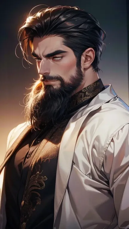 (       ,4K,8k,       highres,       masterpiece :1.2),       ultra-detailed    ,(realistic,photorealistic,photo-realistic:1.37),36-year-old man,3 day beard,Beautiful anime,Portraits,strong,Masculine,        with black hair  ,sharp jaw,             mesmeri...