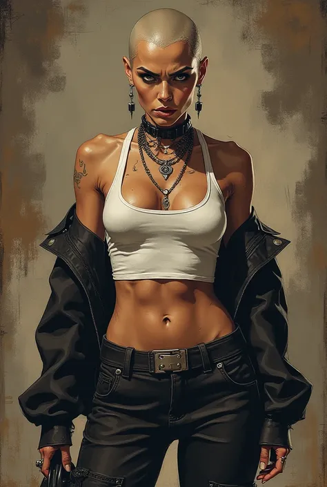 A gorgeous sexy bald woman in sexy casual attire. She wears black fatigues pants and a white tank top. ((Bald Head Shaved Hair)), ((piercings)), ((Earrings)), ((lot of jewelry))