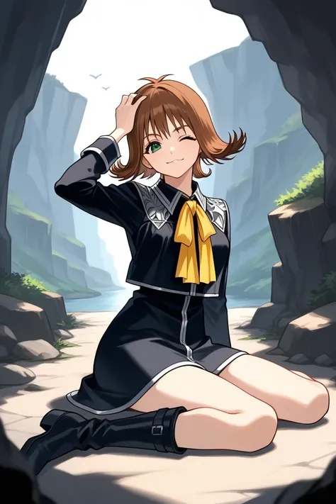 masterpiece, best quality, 1girl, solo,  ff8sphe, brown hair, flipped hair, short hair, green eyes, black uniform, black shirt, cropped shirt, yellow neck ribbon, black skirt, black boots, cliff, rocks, wariza, looking at viewer, wince, smile, hand on own ...