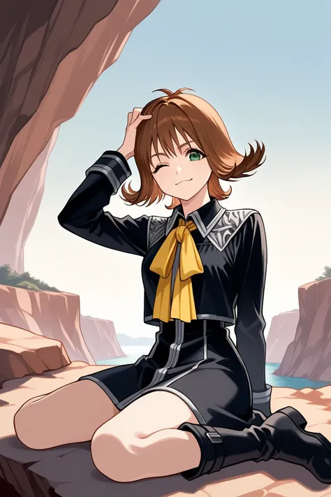 masterpiece, best quality, 1girl, solo,  ff8sphe, brown hair, flipped hair, short hair, green eyes, black uniform, black shirt, cropped shirt, yellow neck ribbon, black skirt, black boots, cliff, rocks, wariza, looking at viewer, wince, smile, hand on own ...