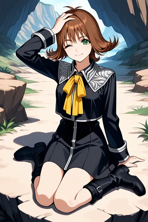 masterpiece, best quality, 1girl, solo,  ff8sphe, brown hair, flipped hair, short hair, green eyes, black uniform, black shirt, cropped shirt, yellow neck ribbon, black skirt, black boots, cliff, rocks, wariza, looking at viewer, wince, smile, hand on own ...