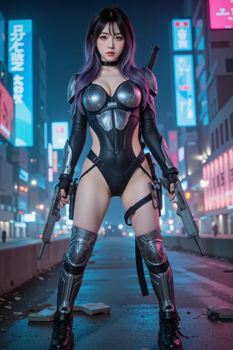 (masterpiece, best quality, ultra high res, 8k, photorealistic), (cyberpunk aesthetic:1.3), 
a stunning female warrior, wearing a high-tech tactical bodysuit with neon-lit circuitry, (sleek, form-fitting armor:1.2), 
glowing HUD visor, metallic accents, cy...