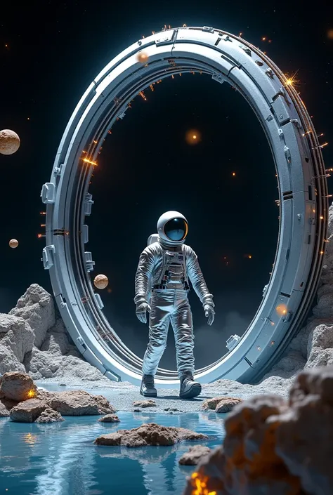 Space, an astronaut in a silver metallic futuristic suit walks forward in front of a huge black futuristic multi-layered ring structure, deep black space in Beijing, surrounded by sparkling multicolored particles, wrapped in a layer of techno-futuristic bl...