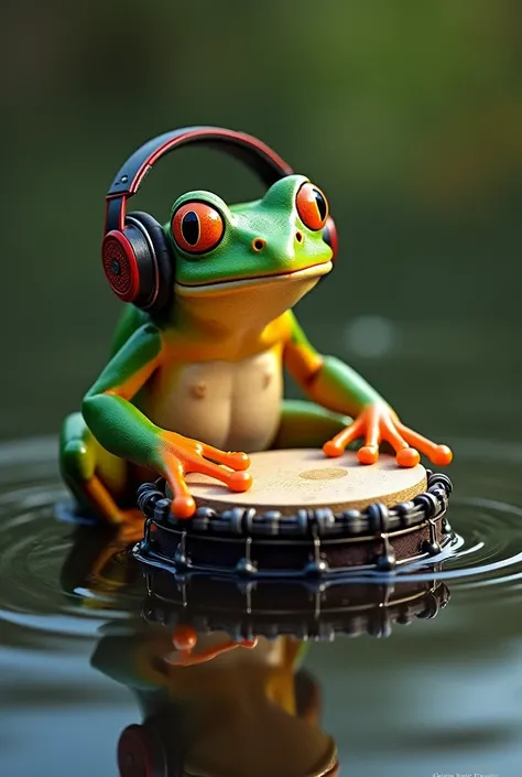  The frog with headphones plays his drum with energy ,  closing his eyes and enjoying the sound .  His hands pat the surface of the drum with rhythm , while his body sways gently .  The water in the pond reflects his image distorted by the waves.