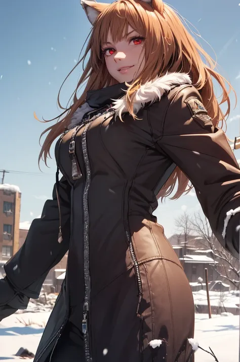 4K, Masterpiece, highres, absurdres,natural volumetric lighting and best shadows,highly detailed face, highly detailed facial features, cinematic shadows, cinematic lights, (((ultra detailed, 8k quality))), (((WINTER WASTELAND ATMOSPHERE))), horny smile, n...