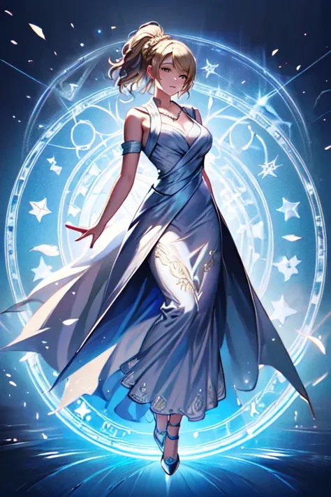 ((masterpiece, best quality, hires, extremely detailed,  intricate details)) ,   solo , 1girl , full body ,  lunafreya ,    ((looking at viewer)) ,  braid, ponytail,   necklace, white dress, sleeveless dress, long dress,  large breasts ,   (magic circle)  ...