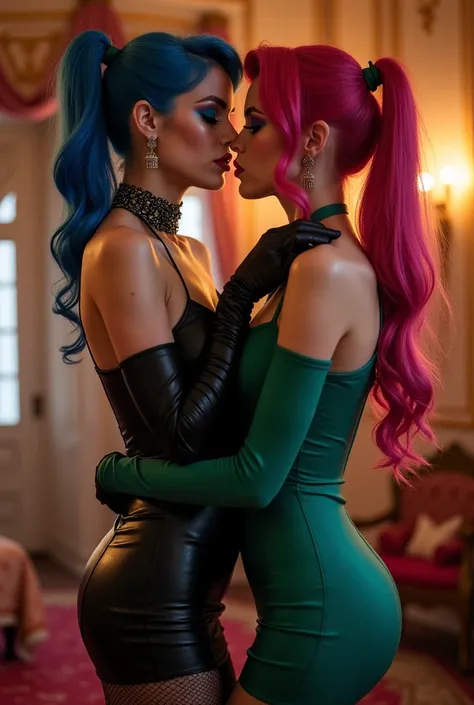 2 girls, kissing, making out, touching eachother, hugging, !important show full body on the picture, shot from head to toes, full body shot, Princess in tight and sexy cindrella dress, wearing corsait, stockings, long gloves over elbow, choker, high heels,...