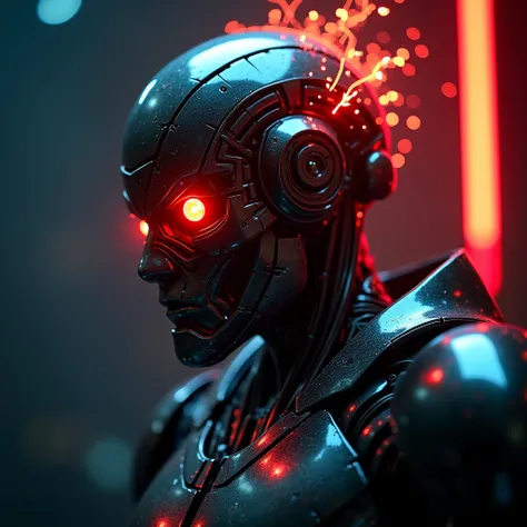  A futuristic cyborg with an intimidating appearance , made of dark and shiny metal ,  with bright red eyes that emanate energy .  Your face has subtle cracks that let out electrical sparks ,  giving an intense and powerful appearance .  Rays of orange and...