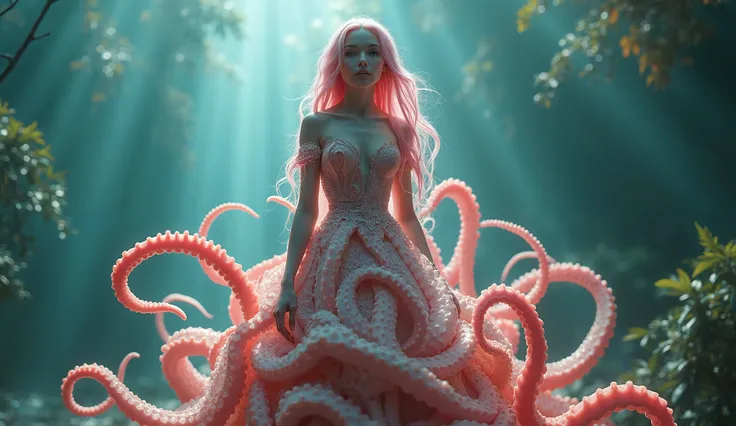  a woman in a dress with octopus tentacles,  Intricate fantasy dress , Beautiful octopus woman, avant-garde fashion model,  high fashion fantasy ,  wavy and absurd blob wearing a dress ,  Inspired by Alexander McQueen , A intricate dress, a woman with pink...