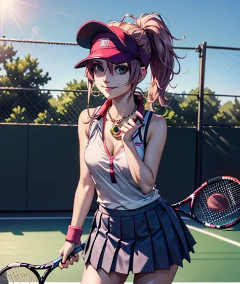 masterpiece, best quality, an attractive woman in sporting dress and holding tennis racket on a tennis court, 1girl, tennis racket, racket, tennis uniform, skirt, breasts, cleavage, solo, tennis ball, outdoors, shirt, sleeveless shirt, sleeveless, smile, v...