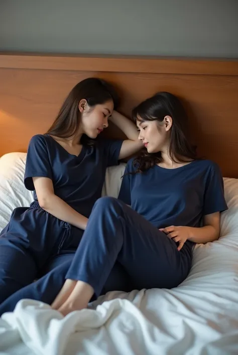 2 girls in the piano room, Navy blue short-sleeved shirt,Navy Long silk Trackpant,Sweatpants, Silk Sweatpantsขายาว, lying on the bed., หญิงรักhave sex, coax, Sexual arousal, Realistic poses, exercise clothes, exercise clothes, have sex, Touches between the...