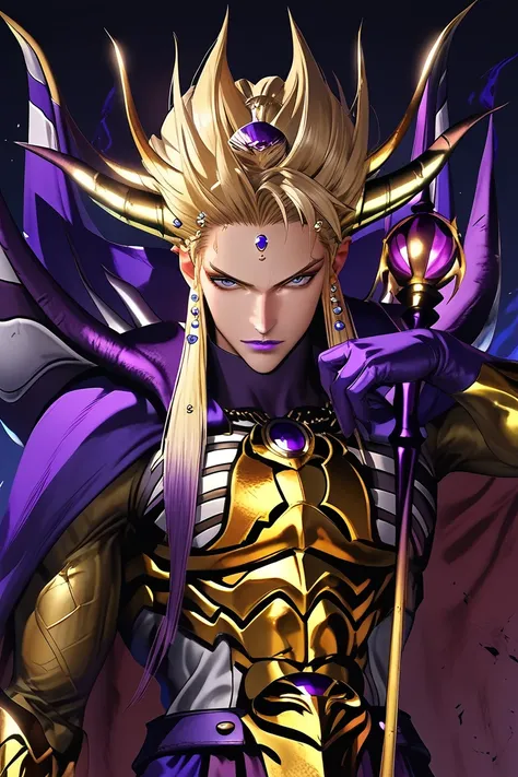 score_9, score_8_up, score_7_up, (masterpiece:1.2), (best quality:1.3), source_anime, 1boy, muscular, fighting stance, empmat_ff, makeup, purple lipstick, cape, gold armor, gloves, looking at viewer, simple background, portrait, throne, scepter, low light,...