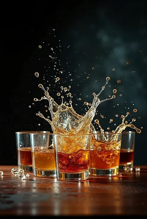  glasses of tequila and whiskey on a table,  Dark background,  drops of drinks spurting across the screen .  High Definition, 16k,  detailed. Dark background for clipping 