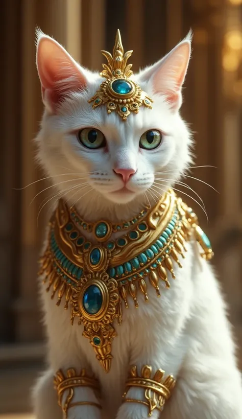 An anthropomorphic Phoenix cat figure with elegant and realistic features,  dressed in luxurious costumes inspired by Ancient Egypt .  The feline has soft white fur ,  penetrating green eyes and a serene and majestic expression .  It is adorned with intric...