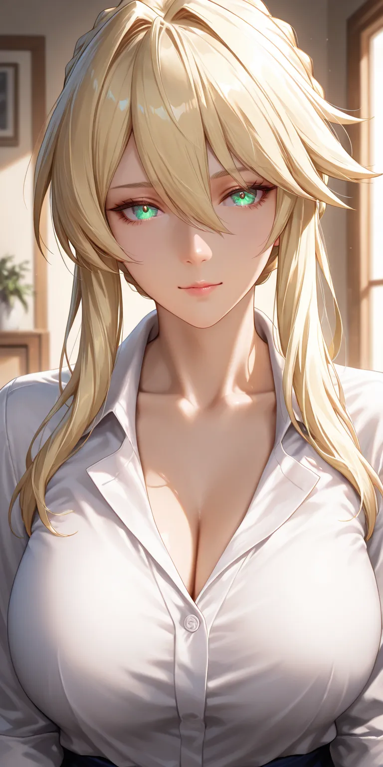 Masterpiece, very aesthetic, vibrant, high contrast, mature woman, artoria pendragon (lancer) (fate), upper body, white collared shirt, collarbone, best quality, home, semrealistic, honkai: star rail cg style