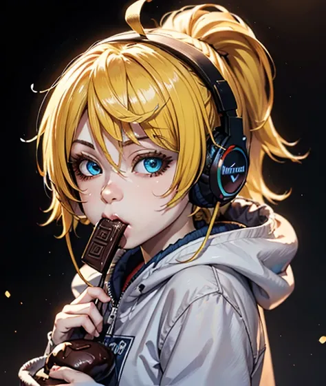 chaos party, (The setting is a MagicCyber World), illustration art, complicated art background, (angle shot:1.5), (Random Shotting), (1girl, solo, Kagamine Rin,Rock Artist,Wearing hood),(holding a teddy bear,🧸), 🍫, ((She is munching wildly on chocolate.)),...