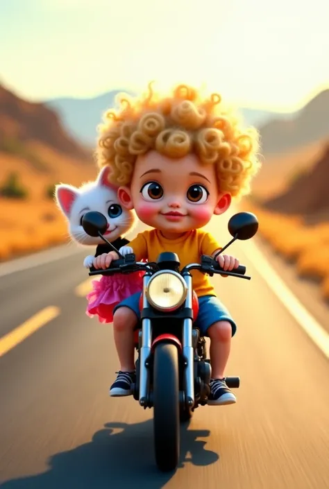 A curly-haired blond baby, dressed in blue shorts and a yellow shirt, rides a motorcycle down an open road with a confident and determined expression. Sitting behind the baby, a white anthropomorphic kitten, elegantly dressed in a pink skirt and a black to...