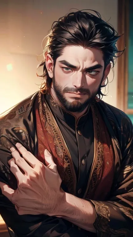 (       ,4K,8k,       highres,       masterpiece :1.2),       ultra-detailed    ,(realistic,photorealistic,photo-realistic:1.37),36-year-old man,3 day beard,Beautiful anime,Portraits,strong,Masculine,        with black hair  ,sharp jaw,             mesmeri...