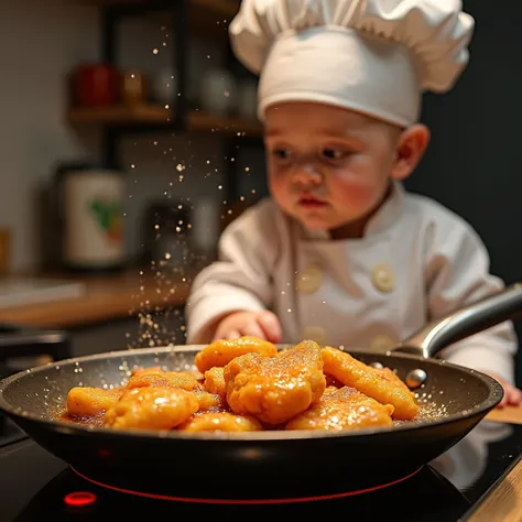 Create a hyper-realistic depiction of a modern kitchen where a sizzling pan on an induction stove steals the spotlight. The one-year-old chef, still in his delightful chef outfit, watches in amazement as golden, crispy chicken pieces fry in shimmering oil....