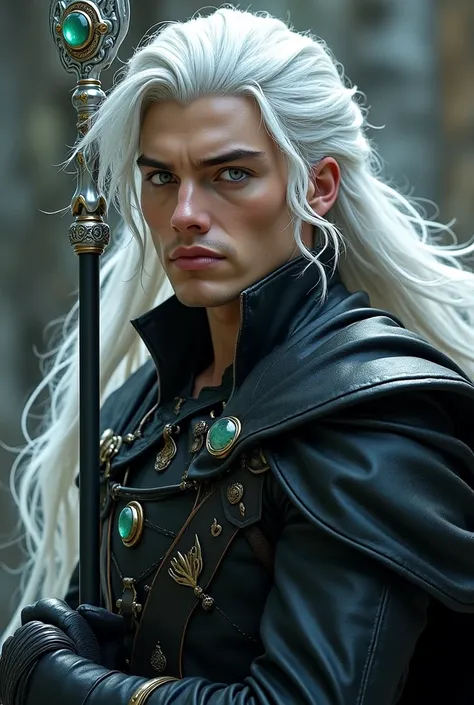   masterpiece, Super class, Man with long white hair with black highlights,  white eyes , indifferent,transmitting force, with black leather gloves, Overflowing with power, With a silver spear with jade  