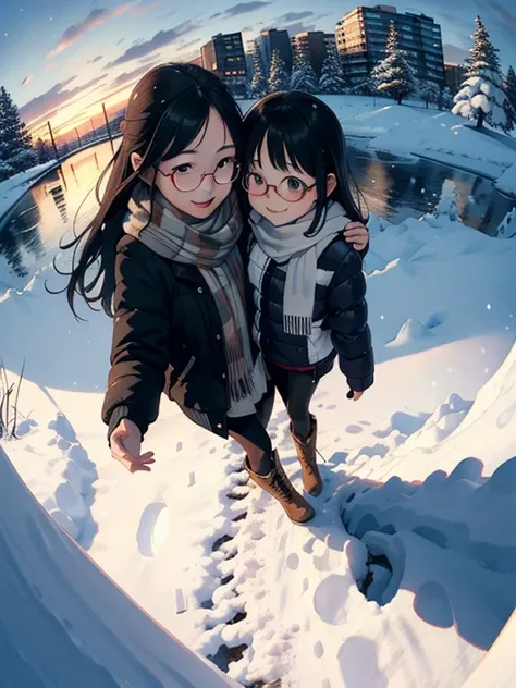  Masterpiece，  high resolution，( Super Flats ， Flat shade  )， sophisticated glasses  ，  beautiful black hair ，  Fisheye  ， cute young mother and cute daughter  person looking down on the winter city from the park garden  :1.2，  warm scarf  ，  bomber jacket...