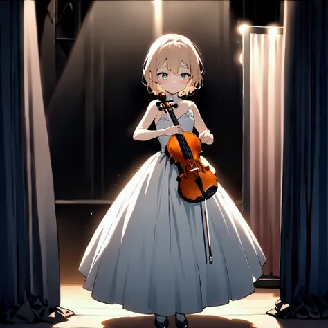 A young girl in an elegant recital dress stands backstage at a violin recital, clutching her violin and bow with a nervous yet determined expression. She peers through the curtain at the brightly lit stage, where another performer is finishing their piece....