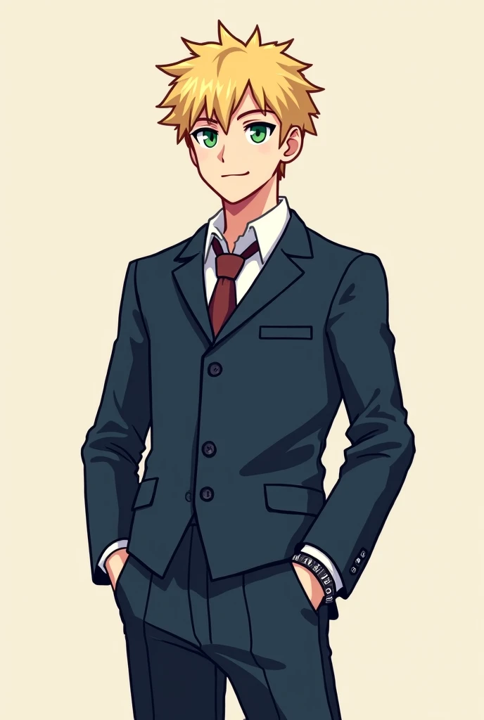 Create a full-body pixel art of a 25-year-old adult, green-eyed blond young man wearing a school uniform with long sleeves in a dark bluish tint who wears bracelets