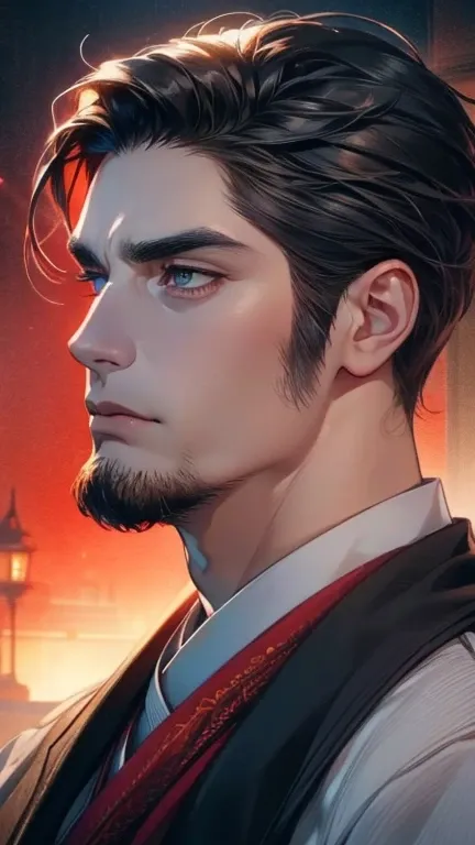 (       ,4K,8k,       highres,       masterpiece :1.2),       ultra-detailed    ,(realistic,photorealistic,photo-realistic:1.37),36-year-old man,3 day beard,Beautiful anime,Portraits,strong,Masculine,        with black hair  ,sharp jaw,             mesmeri...