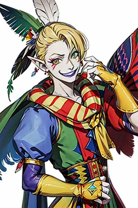 (masterpiece, best quality:1.2,simple background,white background),1boy,solo,kefka \(final fantasy\), blonde hair, jester, green eyes,facepaint, multicolored clothes, stiped collar, (cape:1.1), (feather hair ornament:1.3), hair ornament, earrings, purple l...