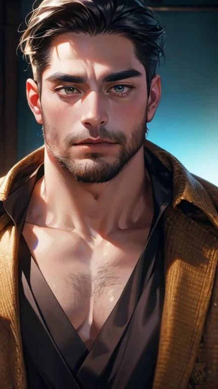 (       ,4K,8k,       highres,       masterpiece :1.2),       ultra-detailed    ,(realistic,photorealistic,photo-realistic:1.37),36-year-old man,3 day beard,Beautiful anime,Portraits,strong,Masculine,        with black hair  ,sharp jaw,             mesmeri...