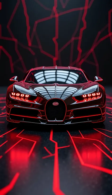 Red lines designs on Dark Black Bugatti Chiron car, enhance 8k high resolution wallpaper, cinematic look , low to up image