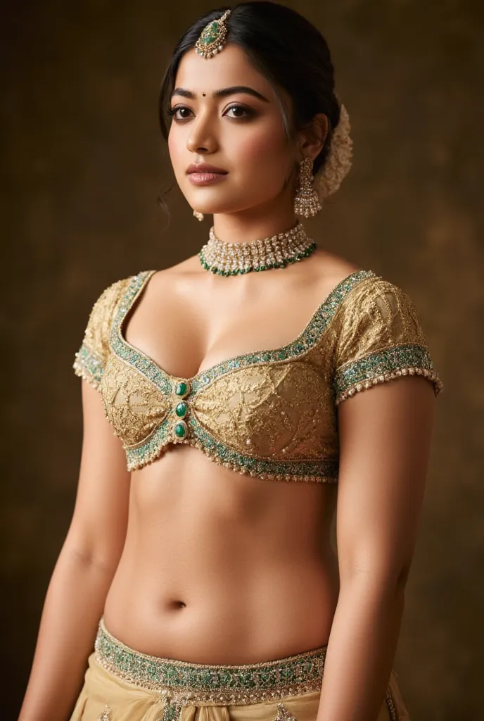 (masterpiece, best quality:1.2), Wrapped in champagne gold silk with emerald green brocade borders, she exudes old-world royalty. Her half-sleeve blouse features intricate Mughal jaali embroidery, creating a lace-like pattern on the fabric. The neckline is...