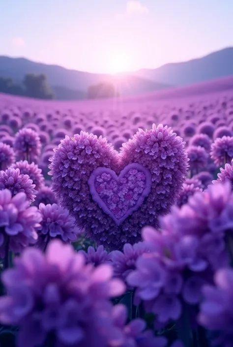 Field of violets with a heart shaped of smaller hearts in the middle 