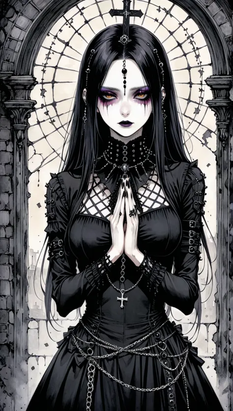 in style of Santiago Caruso,1 chica goth style, goth dress, goth make up，praying