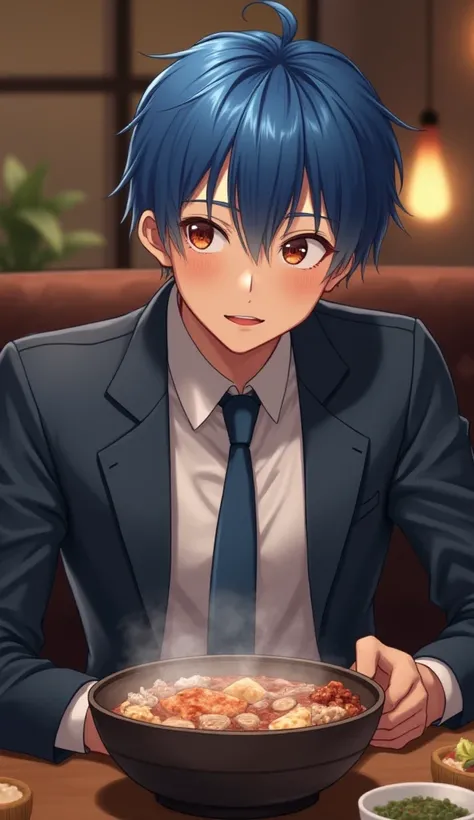 A young man in a suit and tie, blue hair, sitting and eating shabu, his face looks bright and clear, realistic image.